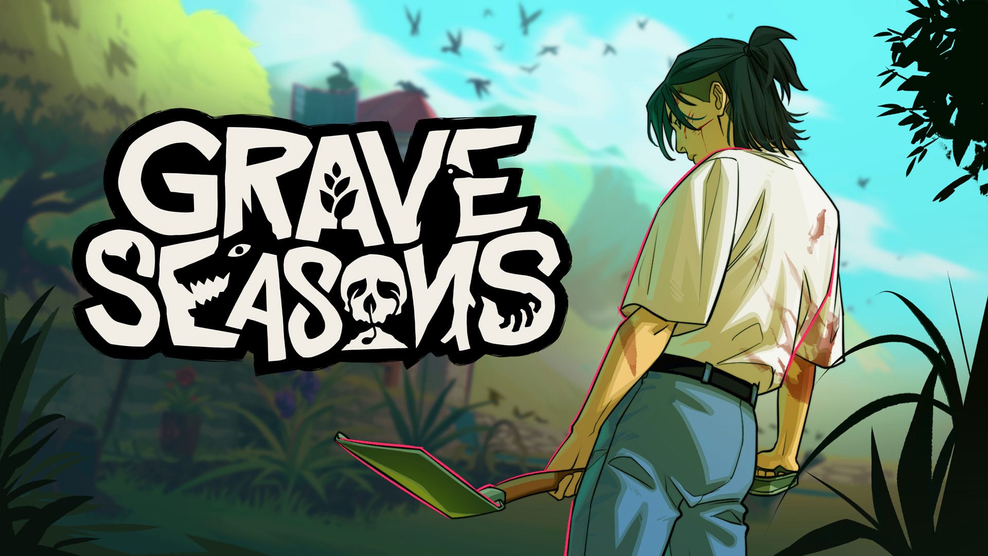 Cover of Grave Seasons. There is a man with blood on the cover holding a shovel. He is surrounded by tall grass, and the background is a faded out landscape. It is a sunny clear day.